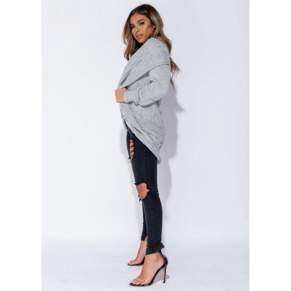 Grey Chunky Cable Knit Long Sleeve Shawl Collar Open Front Midi Cardigan - Picture 5 of 11